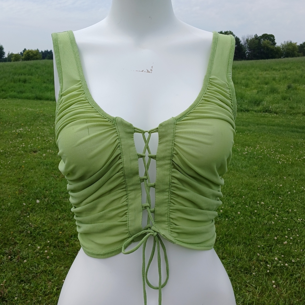 Urban Outfitters Sheer Green Cropped Tank Top size M Crop Lace-up Loungewear new